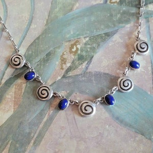 Vintage Sterling Silver and Lapis Spiral Necklace 925