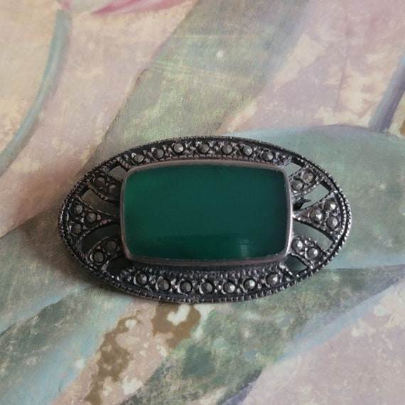 Vintage Sterling Silver Green and Marcasite Brooc… - image 1