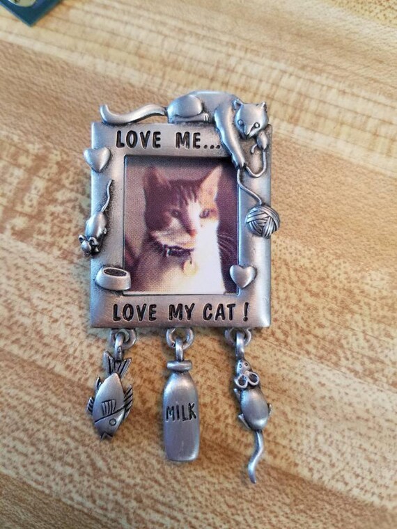 Vintage JJ Silver Tone Metal Love Me Love My Cat … - image 3
