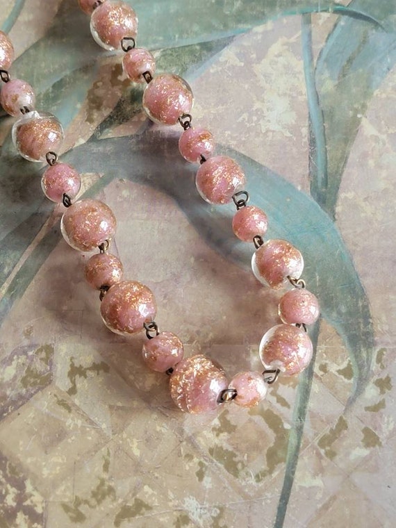 Vintage Pink Glass Beads with Gold Flecks and Gol… - image 1