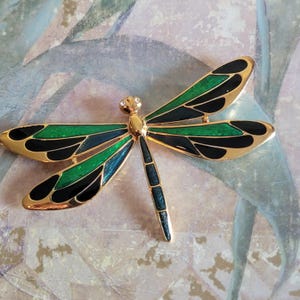 Vintage Gold Tone Metal and Enamel Dragonfly Brooch or Pin Costume Jewelry