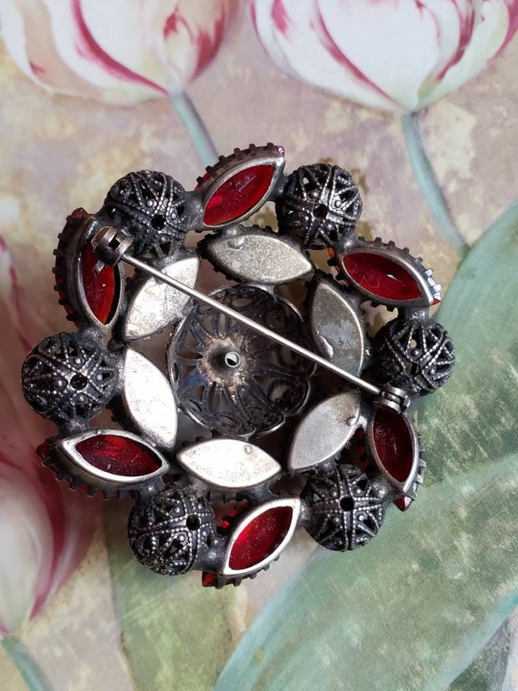 Vintage Glass Red Rhinestones and Steel Cut Brooc… - image 6