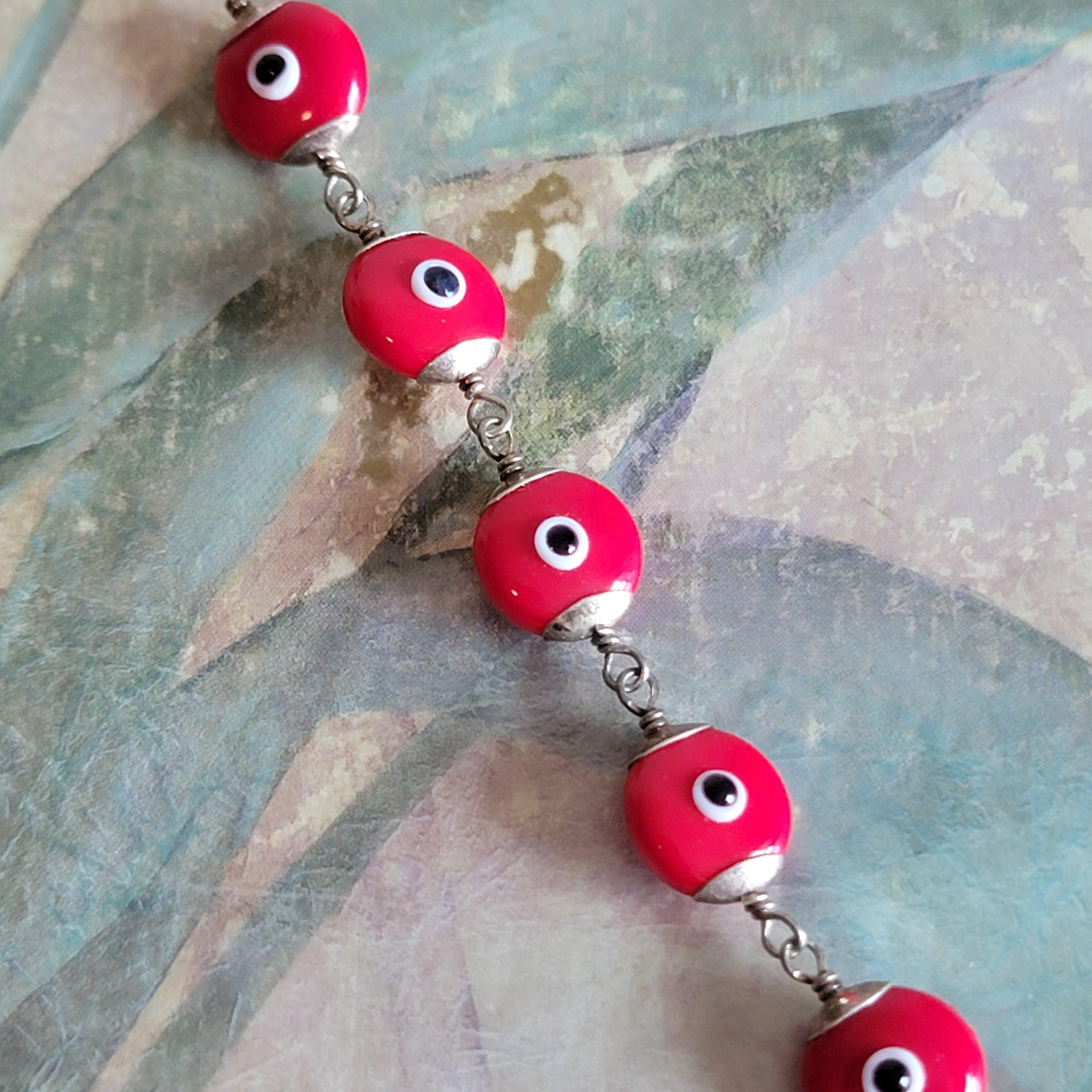 Vintage Sterling Silver and Red Glass Mati Bracelet Evil Eye Protection Greece Greek 925