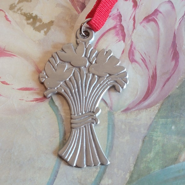 Vintage R. Tennesmed Sweden Pewter Bouquet of Flowers Ornament on a Red Flat Cord