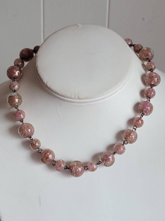 Vintage Pink Glass Beads with Gold Flecks and Gol… - image 2
