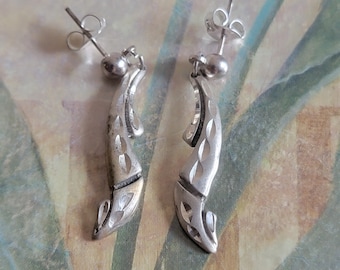 Vintage Sterling Silver Etched Dangle Drop Earrings Posts for Pierced Ears 925