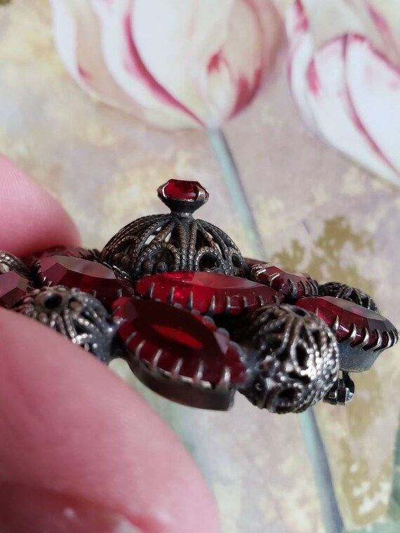 Vintage Glass Red Rhinestones and Steel Cut Brooc… - image 5