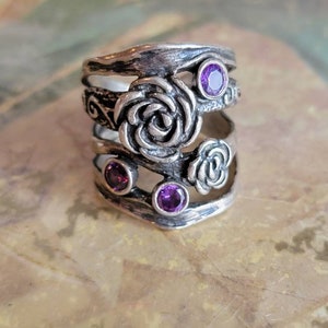 Vintage Sterling Silver and Amethyst 925 Rose Ring 1990s Size 7 Summer Made in Israel