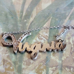 Vintage Sterling Silver Virginia Name Necklace Chain Rhinestones