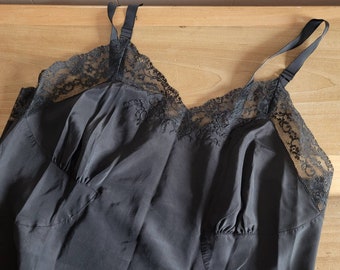 Vintage Black Silk Full Slip With Floral Lace and Embroidery Plus Size