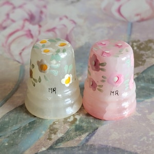 Vintage Lot of 2 Hand Painted Flowers Floral Decorative Thimbles Signed MR As Is