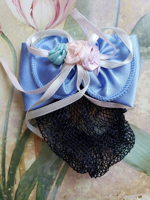 Vintage French Blue Bow Barrette with Rosette & Hair Net - 1980s