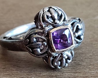 Vintage Sterling Silver and 14 Karat Gold and Amethyst Ring 925 14 K