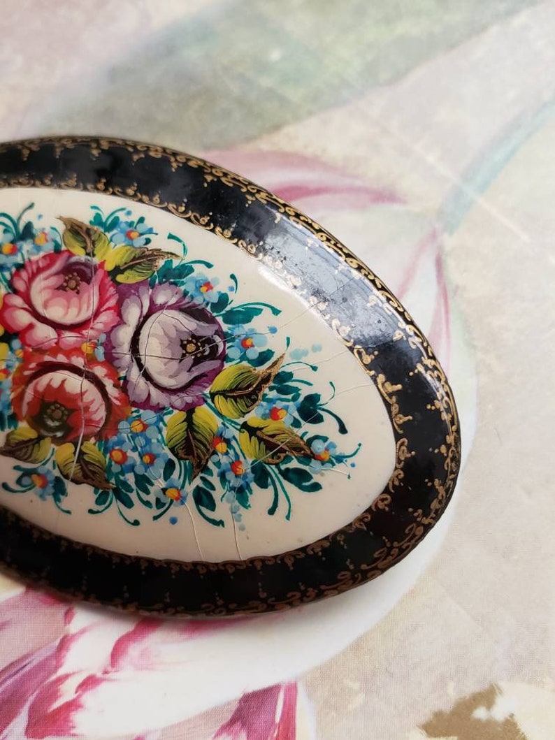 SALE Vintage Hand Painted Russian Pin or Brooch Flowers Oval Black Gold Trim Hand Painted Wooden Crazing