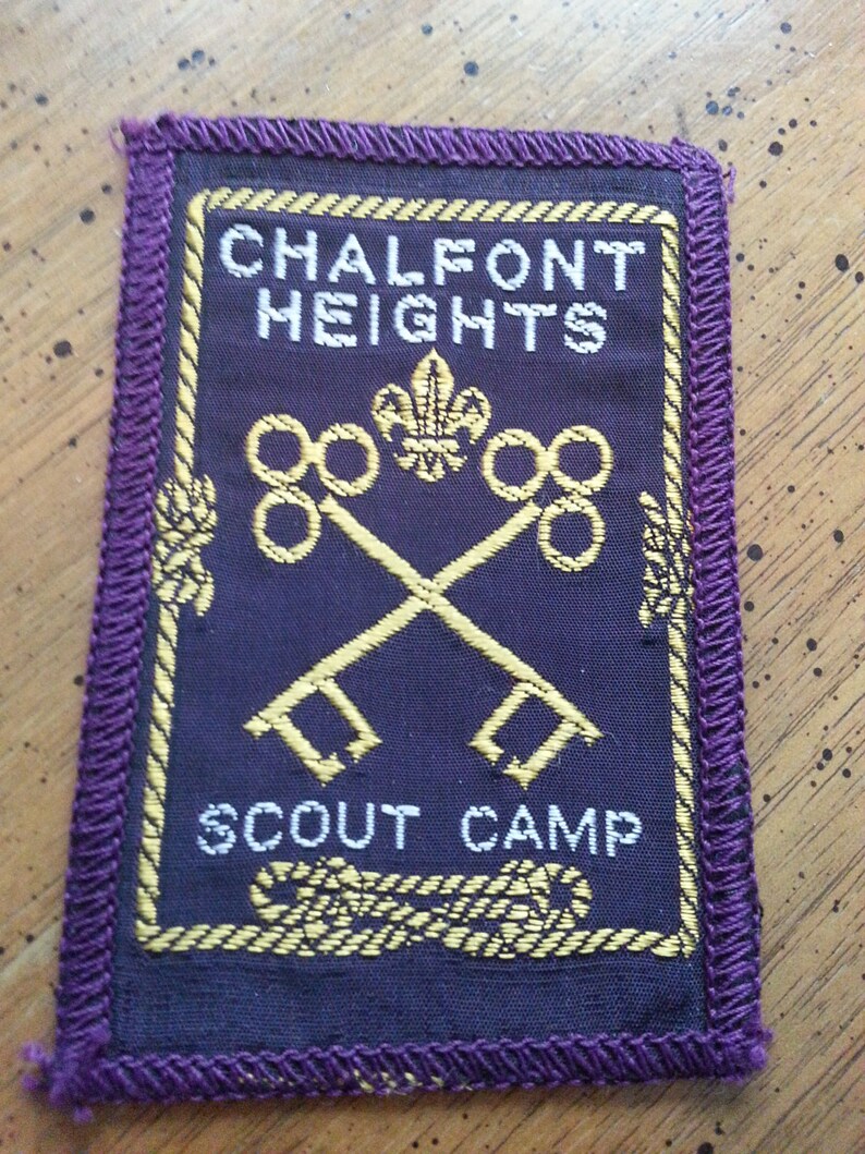 Vintage Calefont Heights Scout Camp Sew On Patch Purple Yellow Keys 1980s Skeleton Keys Fleur De Lis
