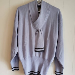 Vintage Crescendo Sweater: Lambswool Blend, Pale Blue with Gray Trim, Size Large