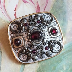 Vintage Michal Golan Pin or Brooch or Pendant Gold Tone Metal Garnet Cabochons Signed
