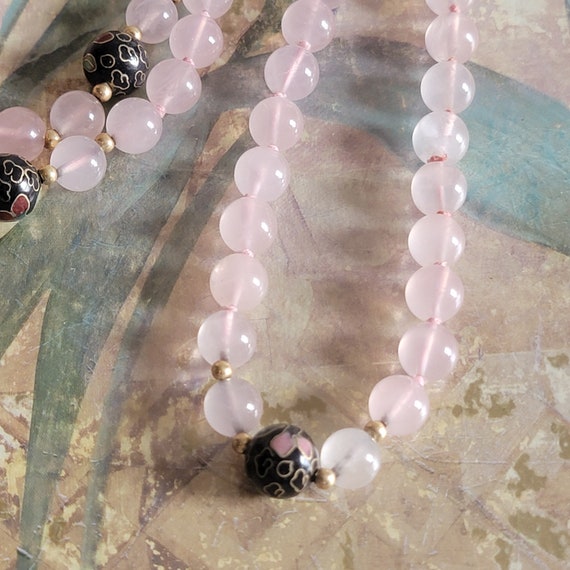 Vintage Rose Quartz Bead and Cloisonne Bead Neckl… - image 2