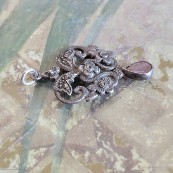 Vintage Sterling Silver Pink Stone and Marcasite … - image 3