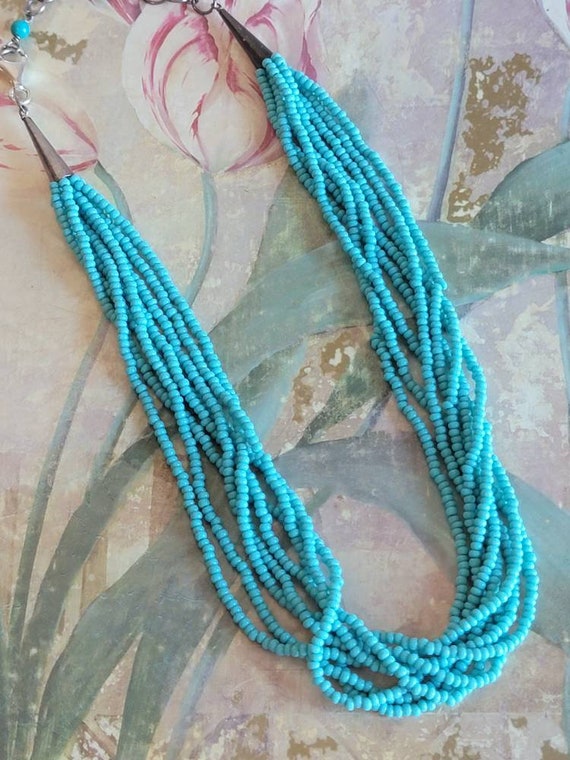 Vintage Sterling Silver and Turquoise Seed Bead N… - image 5