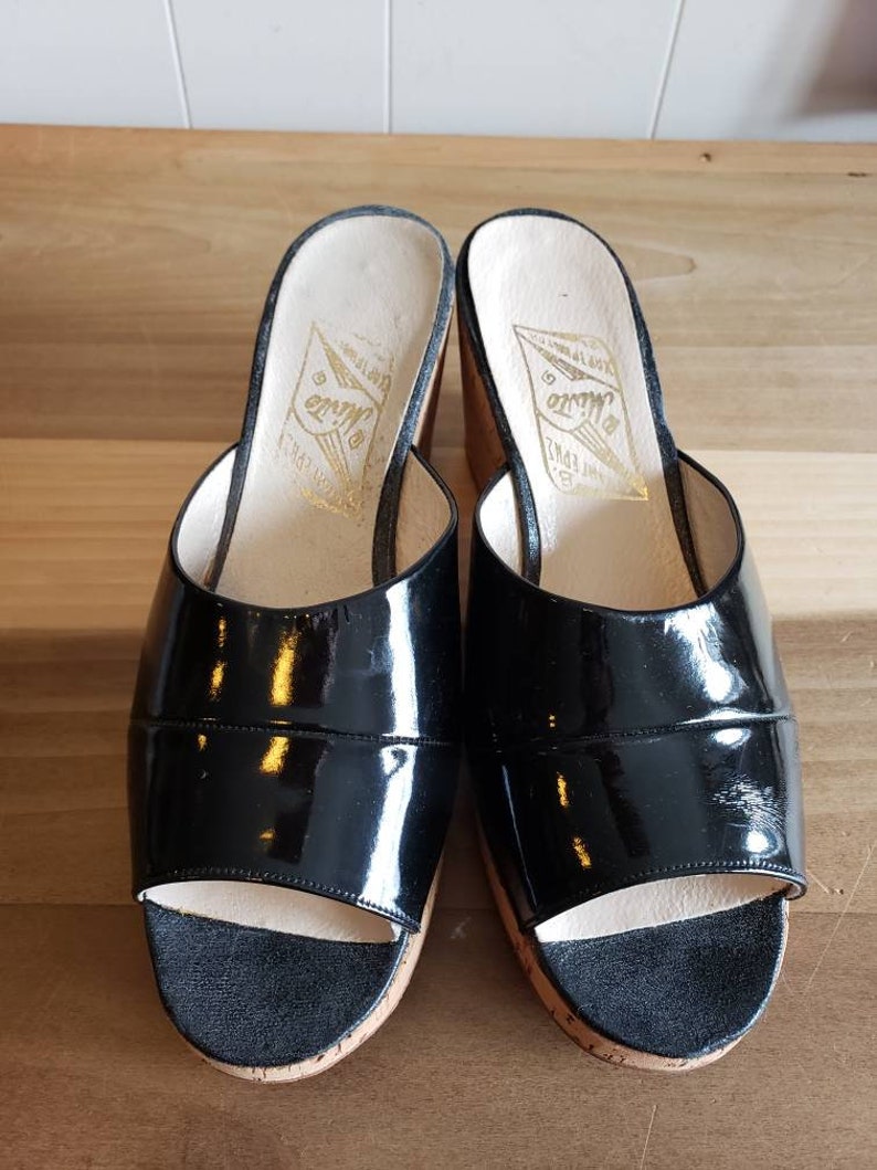 patent leather cork wedges