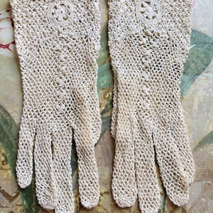 Vintage Off White Crocheted Lace Gloves Ladies  Silk Hand Made Dead Stock
