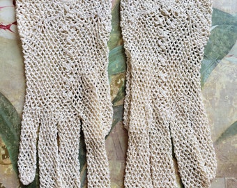 Vintage Off White Crocheted Lace Gloves Ladies  Silk Hand Made Dead Stock