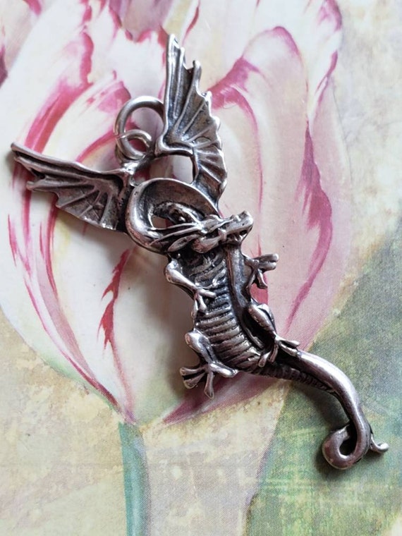 Vintage Sterling Silver Winged Dragon Pendant 925… - image 2