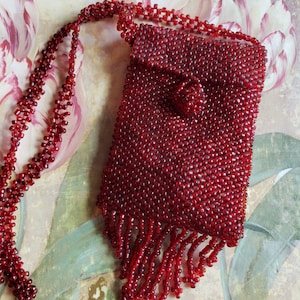 Vintage Pouch Necklace Woven Seed Bead Accessory Change Purse Cranberry Red