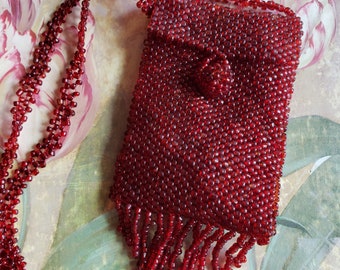 Vintage Pouch Necklace Woven Seed Bead Accessory Change Purse Cranberry Red