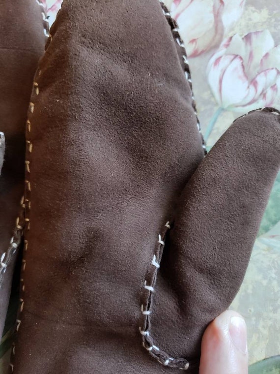 Vintage Brown Suede Leather Shearling Winter Mitt… - image 4