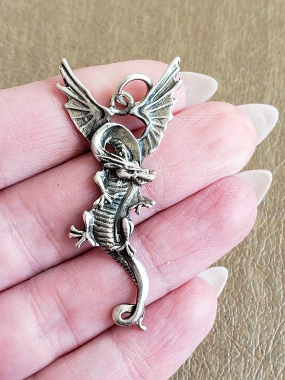 Vintage Sterling Silver Winged Dragon Pendant 925… - image 9