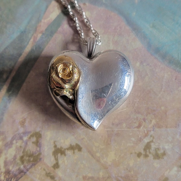 Vintage Gorham Sterling Silver Heart with a Golden Rose Pendant  on a Chain Necklace