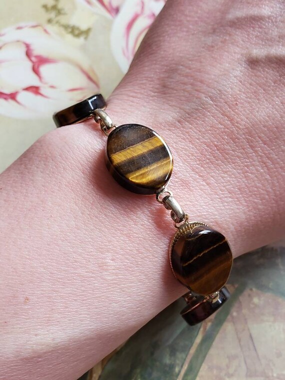 Vintage Tiger Eye and Gold Tone Bracelet 1960s Ov… - image 7