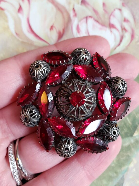 Vintage Glass Red Rhinestones and Steel Cut Brooc… - image 7