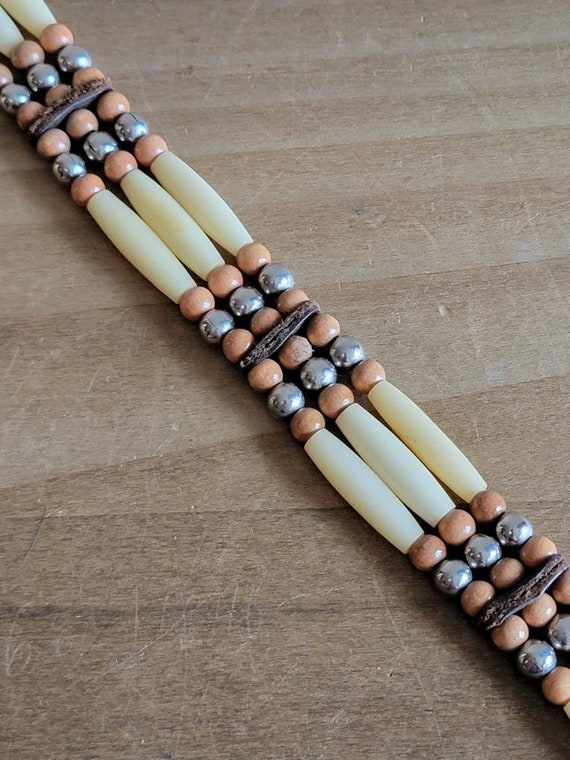 Vintage Handmade Bone Choker: Wooden & Silver Tone Beads, 1980s Leather