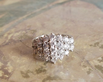 Vintage Sterling Silver and Cubic Zirconia CZ Faceted Cluster Cocktail Ring 925 Size 7