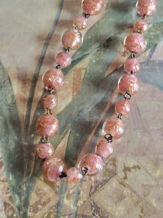 Vintage Pink Glass Beads with Gold Flecks and Gol… - image 9