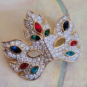 Vintage Swarovski Gold Tone Metal with Clear Red Green Blue Turquoise Crystal Rhinestones Mask Masquerade Mardi Gras Pin or Brooch