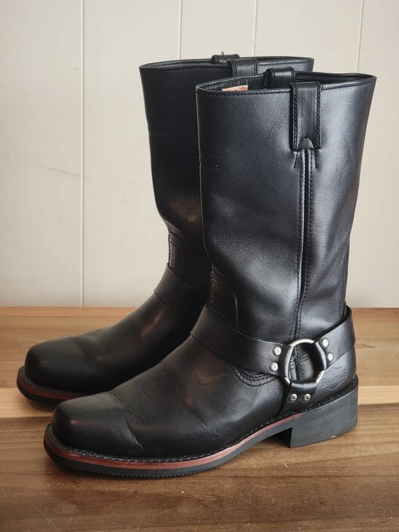 Vintage Harley Davidson Mens Biker Boots Black Leather Silver Tone