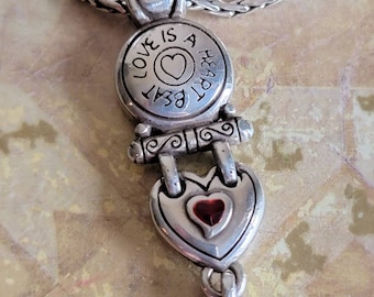 Vintage Brighton Silver Tone Heart Pendant Necklace: Red Enamel 'Love Is A Heart Beat'