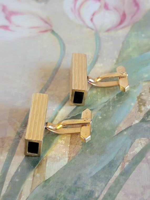 Vintage Rectangular Cufflinks: Black & Gold Tone,… - image 4