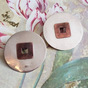 Vintage Signed Aldridge Sterling Silver 925 and Copper Clip On Round Statement Earrings