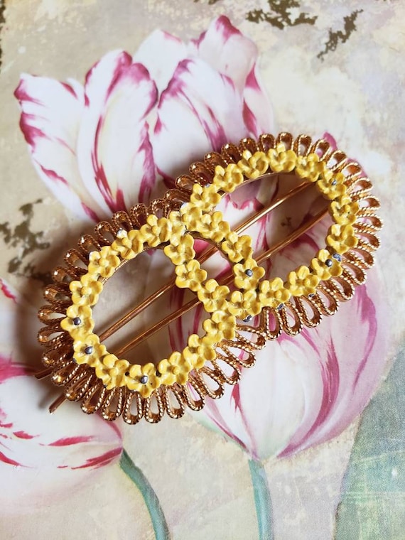 Vintage Barrette Gold Tone Metal Cut Out Ovals Yellow  display picture 3