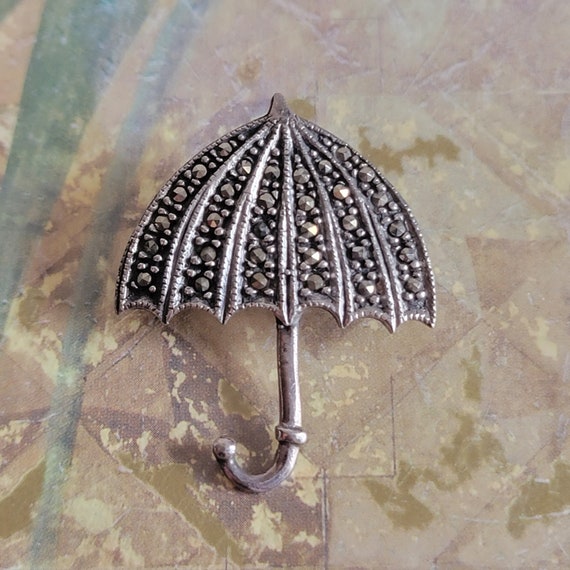 Vintage Sterling Silver Marcasite Umbrella Brooch… - image 10