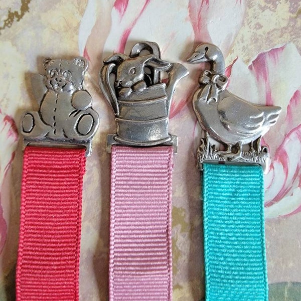 Vintage Seagull Pewter Made in Canada or Wisconsin Bookmark Book Mark Bear or Bunny in a Watering Can Grosgrain Ribbon 1980s