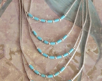 Vintage 5 Strand Graduated Sterling Silver Liquid Silver Sterling and Turquoise Beads Necklace 925 Maker's Mark