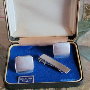 Vintage Dead Stock Wells Sterling Silver Cufflinks Cuff Links and Tie Bar Tie Clip Accessory French Cuffs Men Groom Father&#39;s Day