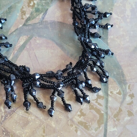 Vintage Black Seed Bead Fringe Necklace - Gem