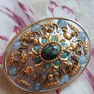 Vintage Michal Golan Oval Pin or Brooch or Pendant Gold Tone Metal Shades of Blue